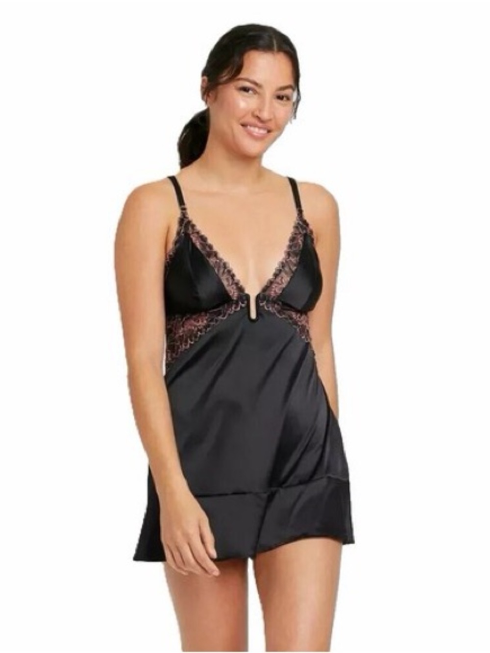Auden Black Satin Chemise with Rose Lace Trim